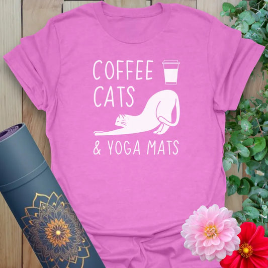 Purple Coffee Cats T-Shirt with cute yoga lifestyle design
