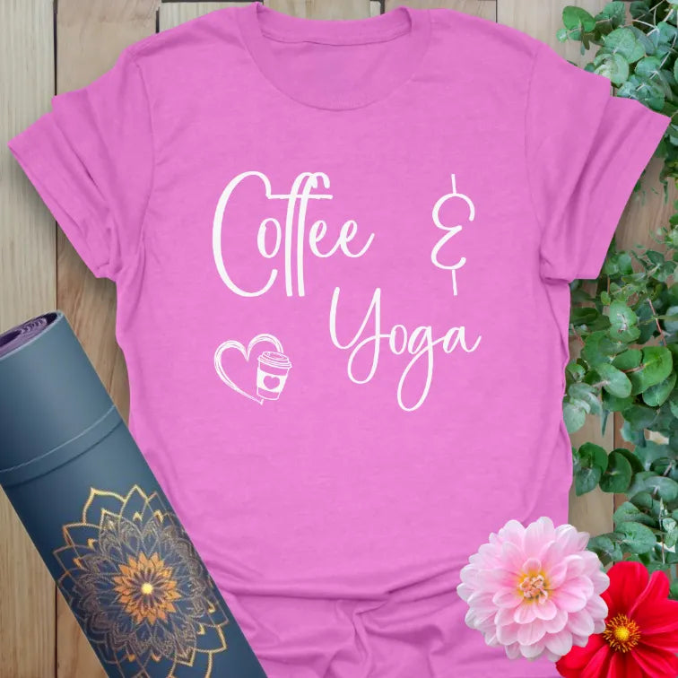 Purple Coffee T-Shirt with heart-accented coffee and yoga lifestyle design