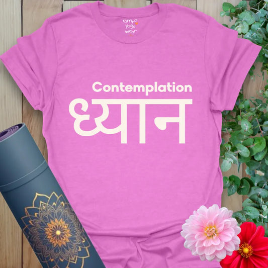Radiant Orchid tee featuring cream text “Contemplation” and large “ध्यान” in Sanskrit. A soft yet bold mindful wear.