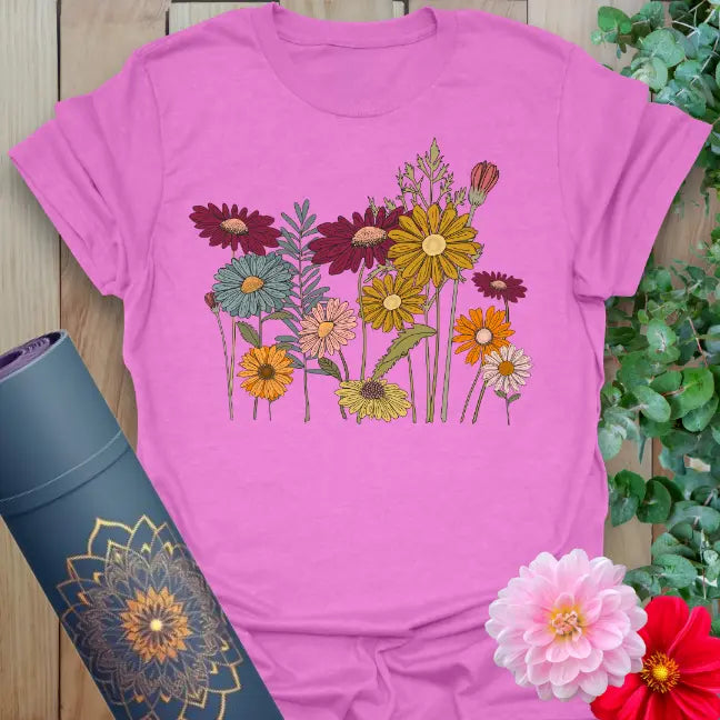 Purple Cottage Flowers T-Shirt with hand-sketched wildflower bouquet graphic