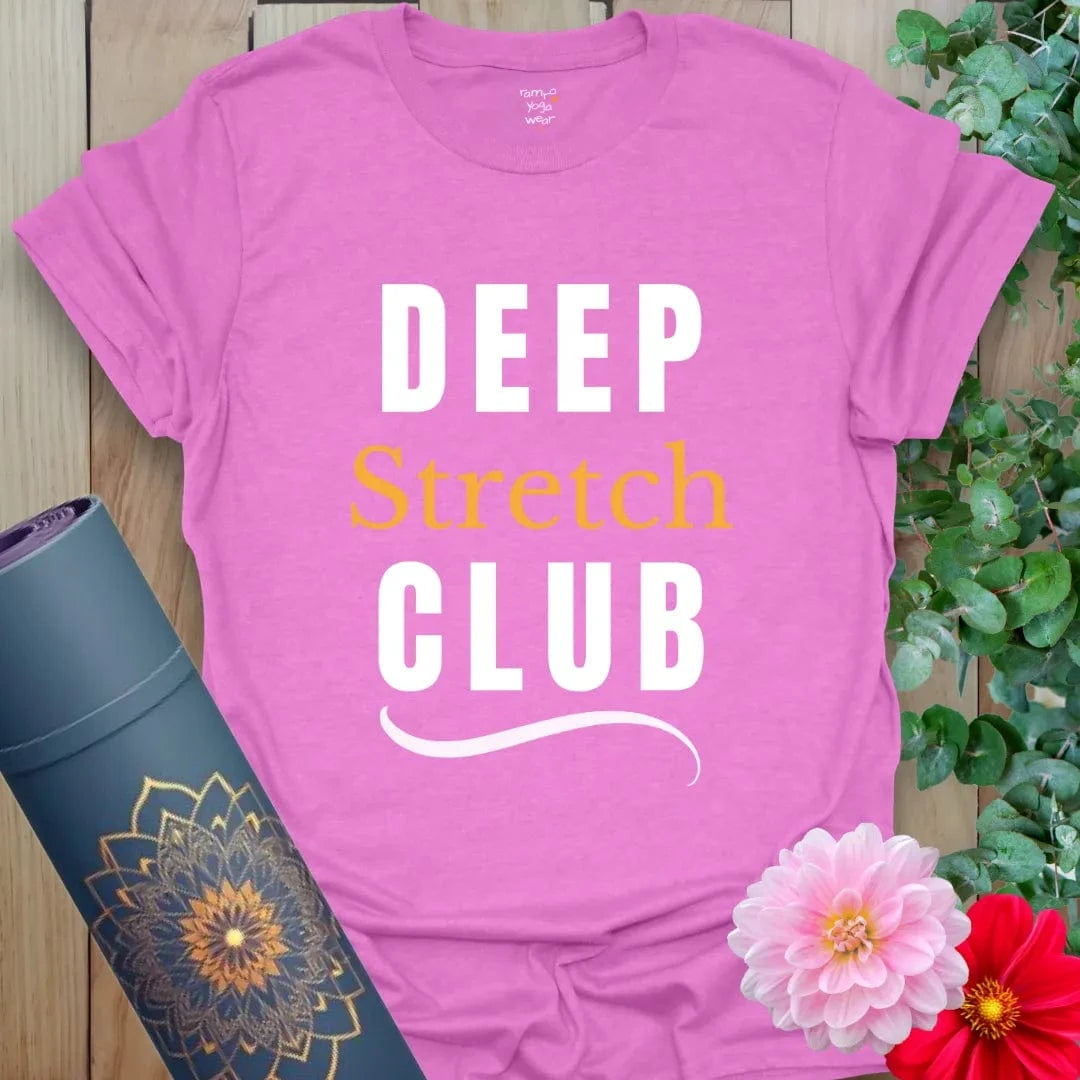 Deep Stretch Club T-Shirt in Heather Radiant Orchid with modern lettering. Lightweight yoga gift tee with a stylish pop of color.