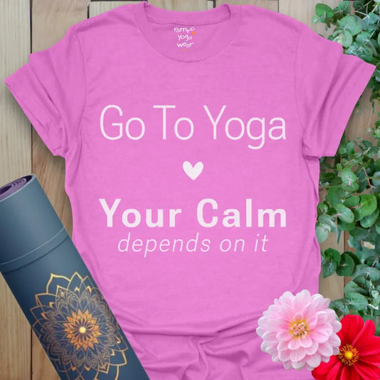 Heather Radiant Orchid Depends T-Shirt with bold calming message, perfect for yogis who lead with presence and intention.