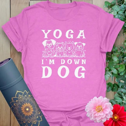 Purple Dog Ready T-Shirt with yoga dog lineup and playful spirit