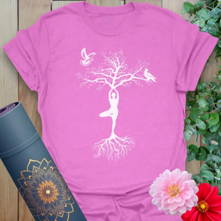 Purple Dove in Flight T-Shirt with grounding tree pose and freedom symbolism
