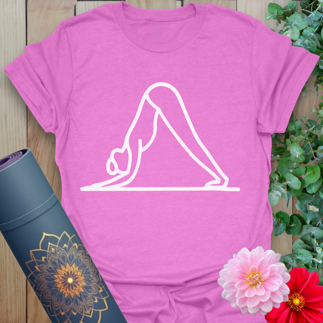 Purple Downward Dog T-Shirt showcasing flowing downward dog pose in elegant line design