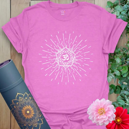 Purple Echo of Om T-Shirt with vibrant OM symbol and radiating waves