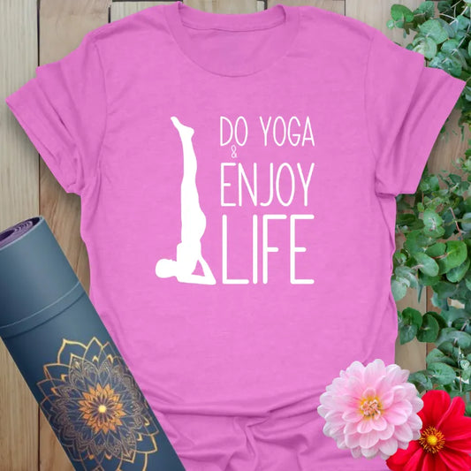 Radiant orchid-colored yoga tee with uplifting "Do Yoga & Enjoy Life" design and playful yogi silhouette.