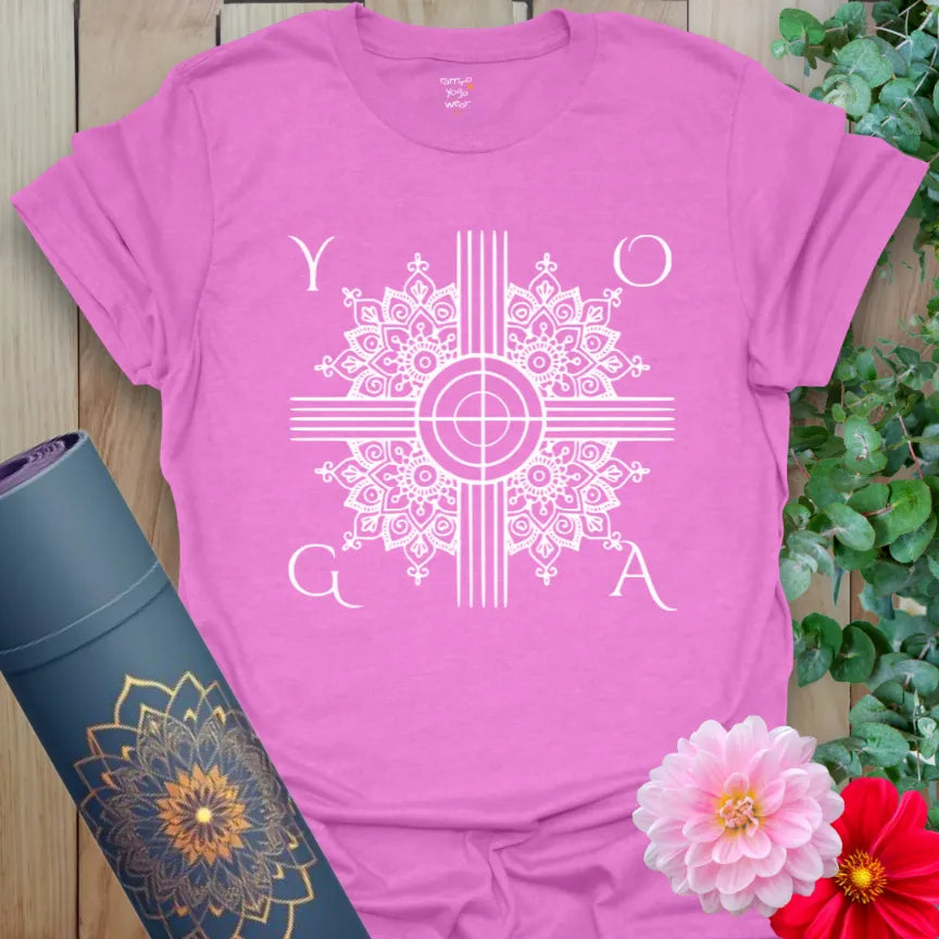 Radiant orchid-colored yoga tee showcasing sacred mandala and crosshatch design for spiritual harmony.