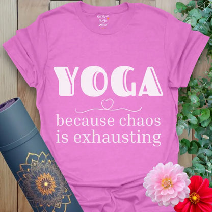 Heather Radiant Orchid Exhausting T-Shirt featuring white “YOGA because chaos is exhausting” design. Soft, serene yoga tee for everyday calm. Awesome Street Style Yoga Wear.