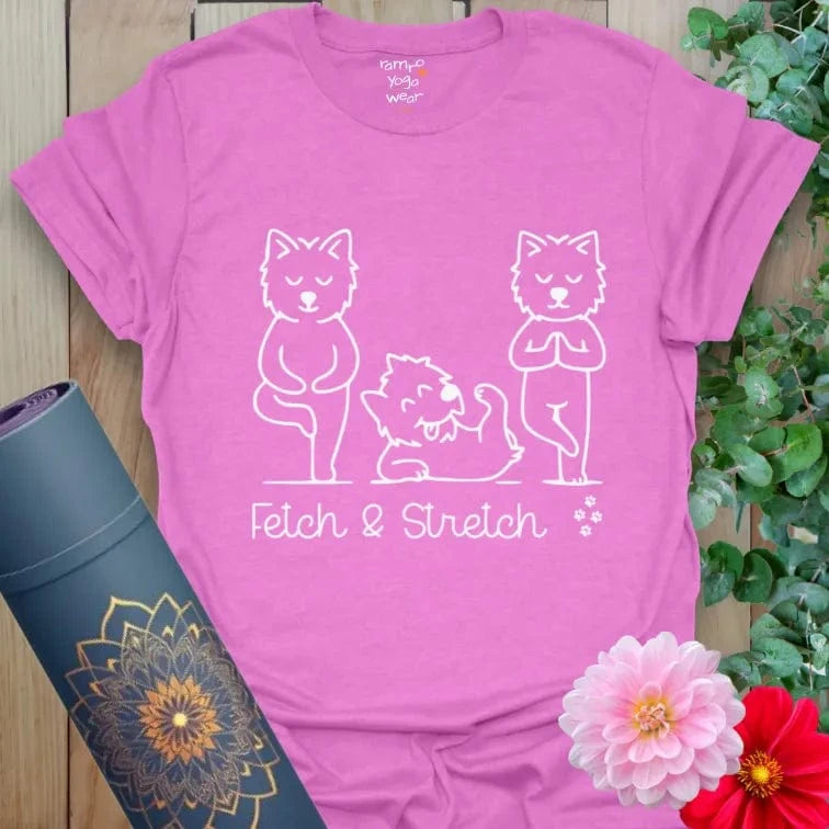 Heather Radiant Orchid Fetch T-Shirt with dog yoga artwork and “Fetch & Stretch” text. Fun and mindful tee.