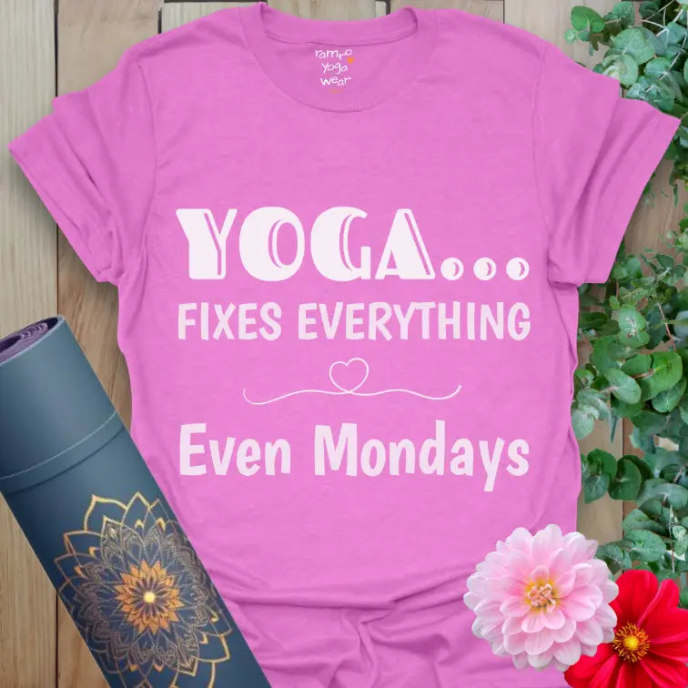 Heather Radiant Orchid Fixes Everything T-Shirt with bold yoga lettering and heart detail. Lighthearted yoga top for daily calm and positivity.
