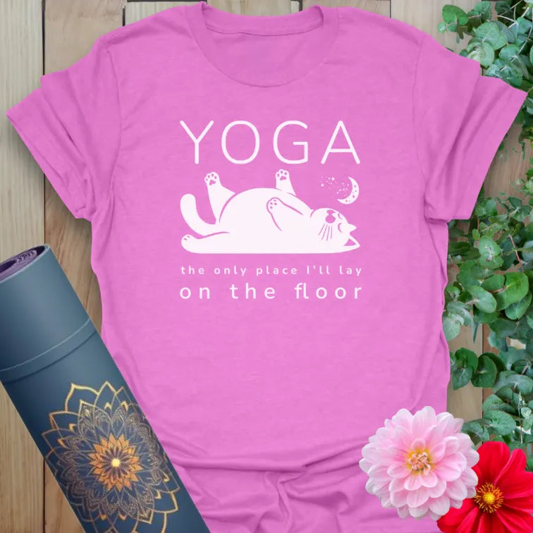 Radiant orchid-colored yoga tee with adorable cat graphic and playful yoga quote inspiring mindful laughter.