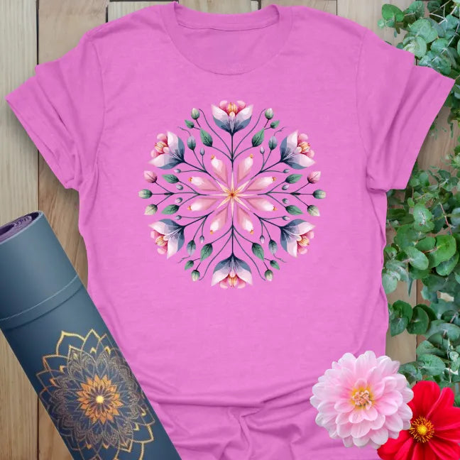Radiant orchid-colored yoga tee with intricate flower mandala artwork celebrating balance and beauty.