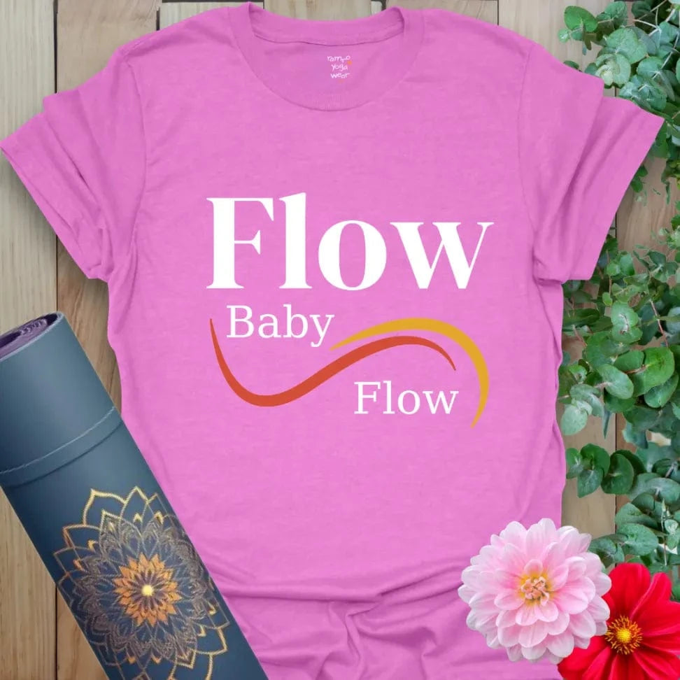 Flow Baby Flow T-Shirt in Heather Radiant Orchid with playful retro typography. A bright and soulful yoga lifestyle shirt.