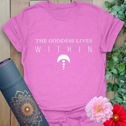  Radiant orchid-colored yoga tee with divine feminine "Goddess Lives Within" design inspiring conscious, heart-led movement.