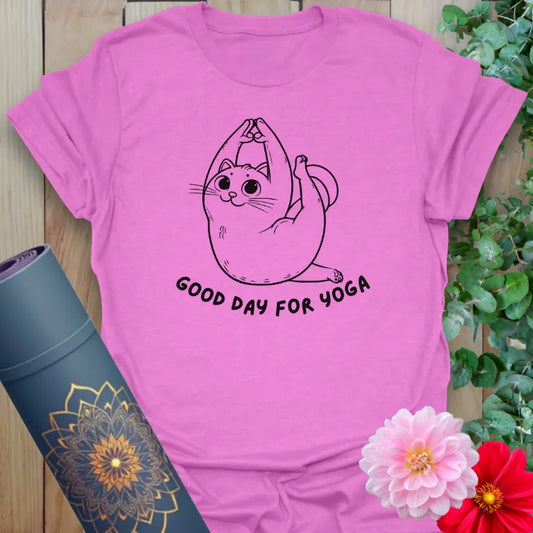 Radiant orchid-colored yoga tee with cute cat and "Good Day for Yoga" design for light-hearted soulful living.