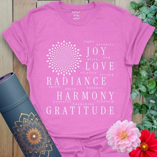 Radiant orchid yoga tee with positivity word art and mandala sunburst.