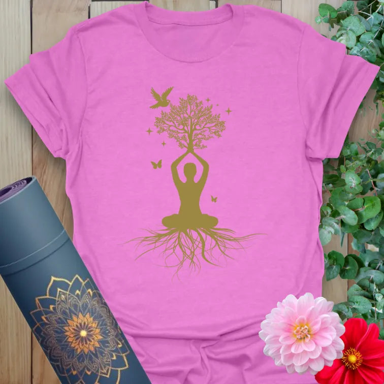  Radiant orchid-colored yoga tee with tree of life yogi illustration inspiring balance, rootedness, and soulful expansion.