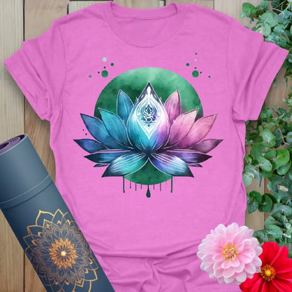 Radiant orchid-colored yoga tee with mystical lotus flower design inspiring soulful blooming and mindful expansion.