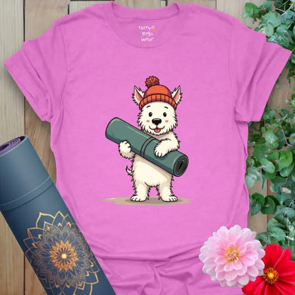Heather Radiant Orchid Hamish T-Shirt with a Westie holding a yoga mat in a playful yoga inspired illustration.