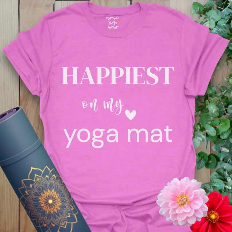 Heather Radiant Orchid Happiest T-Shirt with premium minimalist design for yoga lovers.