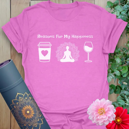 Radiant orchid-colored yoga tee with coffee, yoga, and wine design celebrating mindful joy and everyday gratitude.