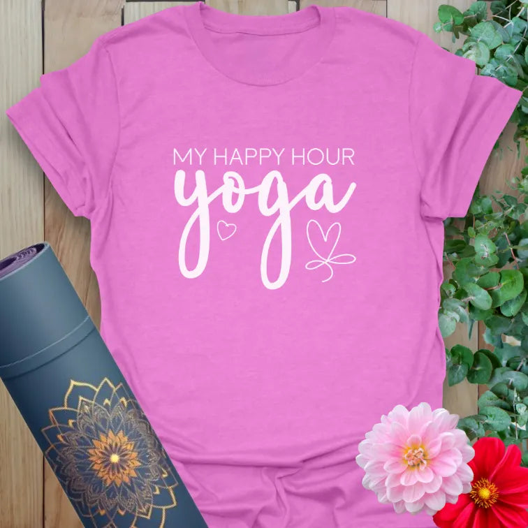 Radiant orchid-colored yoga tee with playful yoga-themed happy hour design celebrating mindful movement and positivity.