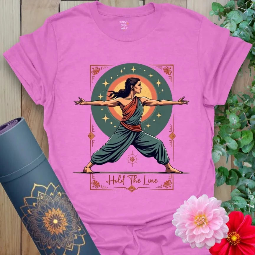 Radiant orchid-colored yoga tee with Warrior II yogi artwork and cosmic energy design for mindful, heart-led living.