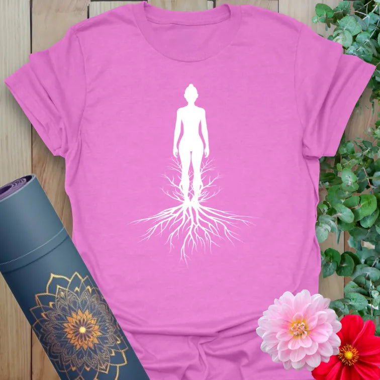 Radiant orchid-colored yoga tee with minimalistic rooted figure design inspiring mindful connection and soulful growth.