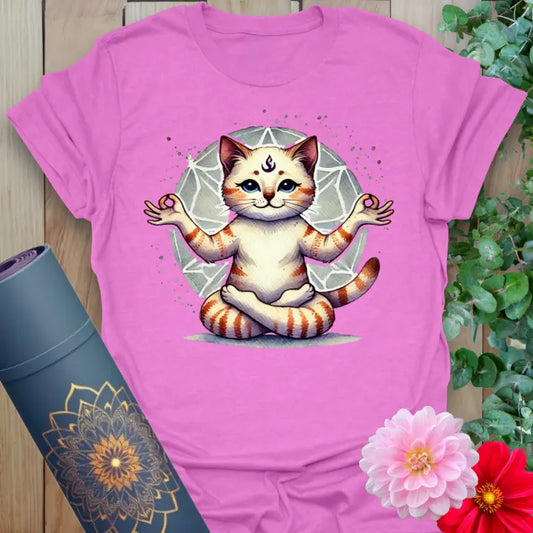 Radiant orchid-colored yoga tee featuring charming meditating cat illustration and mindful spirit vibe.