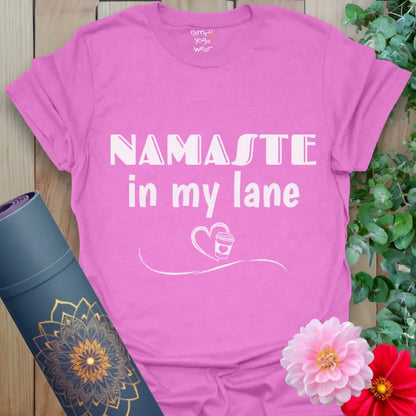 Heather Radiant Orchid Lane T-Shirt with “Namaste in my lane” design and coffee-heart graphic, yoga lifestyle tee in calming purple tones.