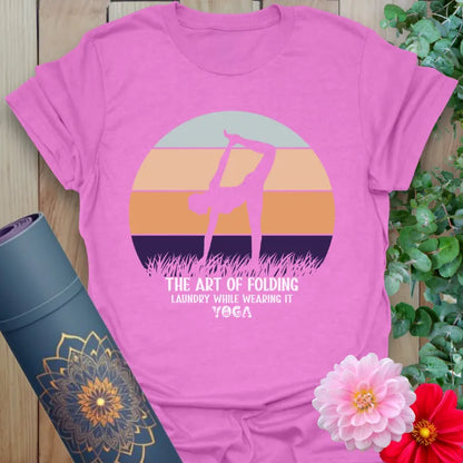 Radiant orchid-colored yoga tee featuring colorful sunset design and playful yoga humor for conscious living.