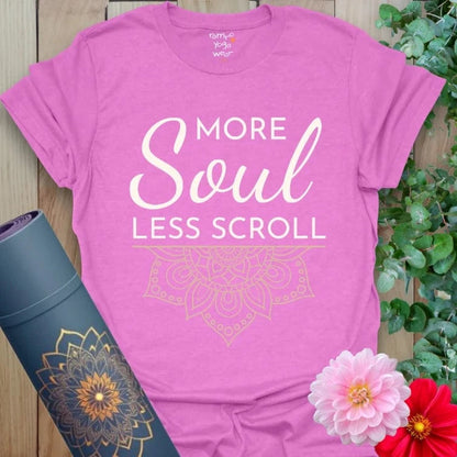 Heather Radiant Orchid Less Scroll T-Shirt with white script and pink mandala detail. Ideal for yoga lifestyle and mindful fashion.