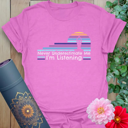 Radiant orchid-colored yoga tee featuring retro sunset artwork and empowering mindful message for conscious living.