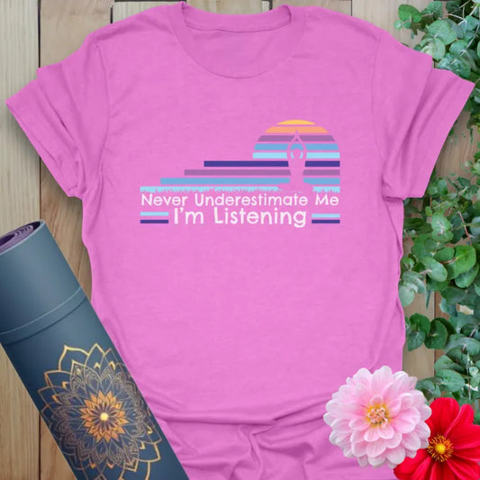 Radiant orchid-colored yoga tee featuring retro sunset artwork and empowering mindful message for conscious living.