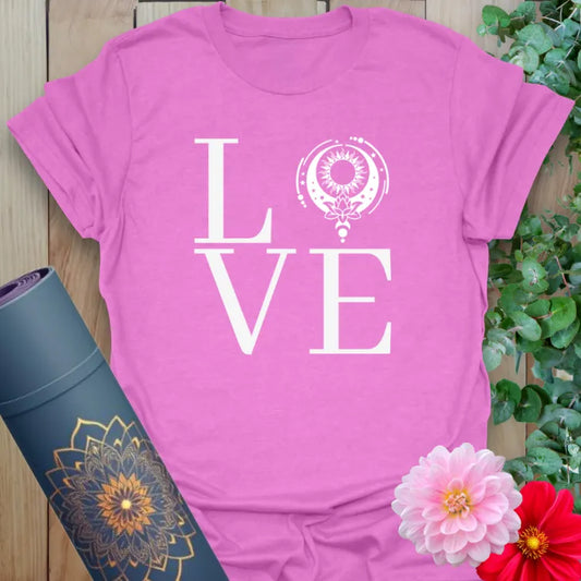 Radiant orchid-colored yoga tee with sacred "LOVE" and mandala artwork inspiring conscious compassion.