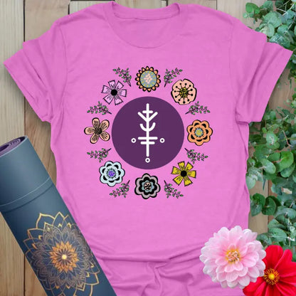 Radiant orchid-colored yoga tee with colorful mandala flower artwork inspiring joy, luck, and mindful movement.