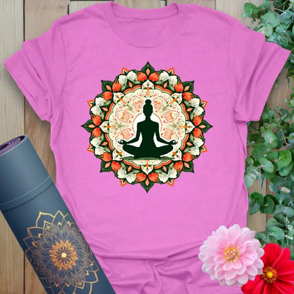 Radiant orchid-colored yoga tee with sacred mandala and meditative figure design celebrating mindfulness and conscious harmony.