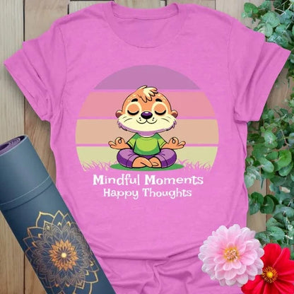 Radiant orchid-colored yoga tee with colorful meditating animal and happy affirmation for mindful, joyful living.