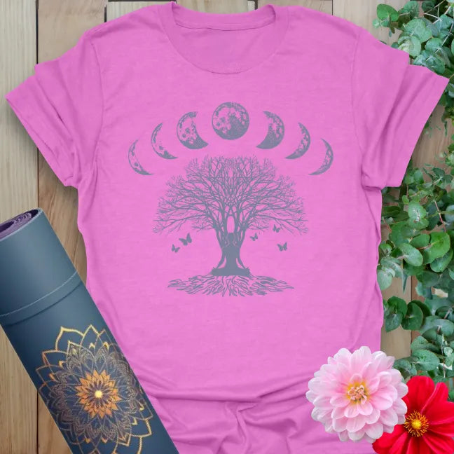  Radiant orchid-colored yoga tee with majestic tree and lunar phase crown symbolizing soulful growth, balance, and cosmic flow.