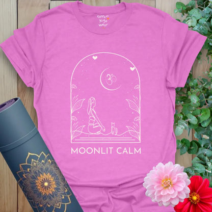 Heather Radiant Orchid Moonlit T-Shirt with meditative scene — a moonlit moment of quiet joy.