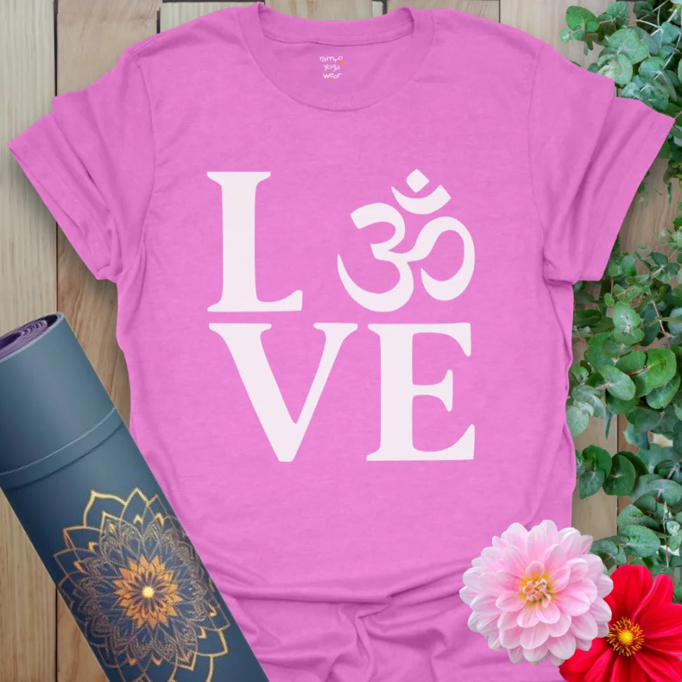  Radiant orchid-colored yoga tee with LOVE design and sacred Om symbol inspiring universal consciousness and soulful gratitude.