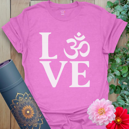  Radiant orchid-colored yoga tee with LOVE design and sacred Om symbol inspiring universal consciousness and soulful gratitude.