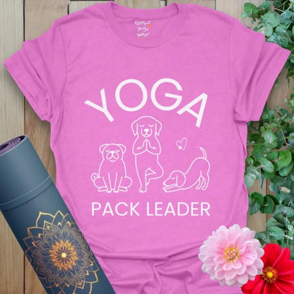 Heather Radiant Orchid Pack Leader T-Shirt featuring dog yoga illustrations. Funny yoga tee for pet lovers.