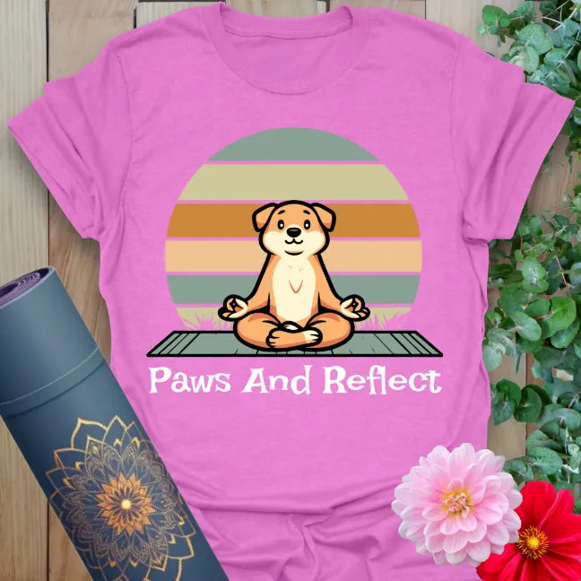 Radiant orchid-colored yoga tee with adorable meditating dog artwork inspiring light-hearted, conscious living.