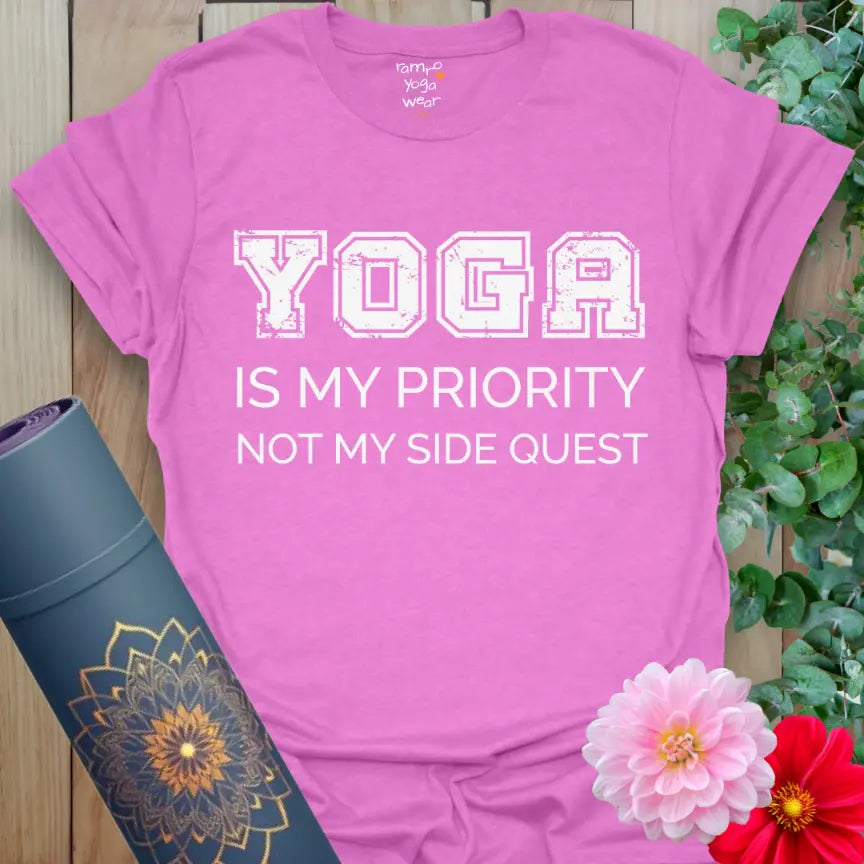 Heather Radiant Orchid Priority T-Shirt with expressive typography and a bright, feminine wellness aesthetic.