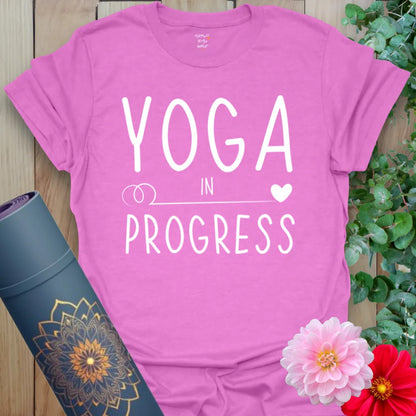 Heather Radiant Orchid Progress T-Shirt with clean typography and motivating vibe. Lightweight yoga wear.