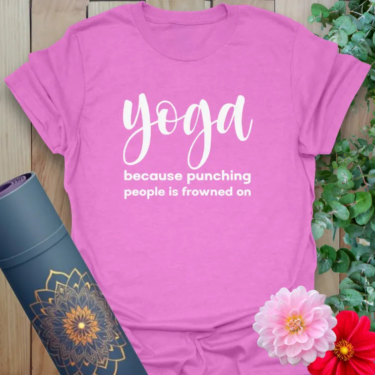  Radiant orchid-colored yoga tee with witty yoga quote celebrating joyful movement and emotional balance.