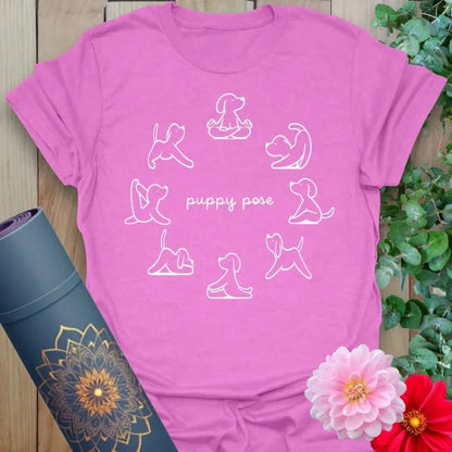 Radiant orchid-colored yoga tee with playful puppy yoga designs celebrating mindfulness, humor, and movement.