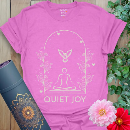 Heather Radiant Orchid Quiet Joy T-Shirt with soft pastel illustration of seated meditation and dove.